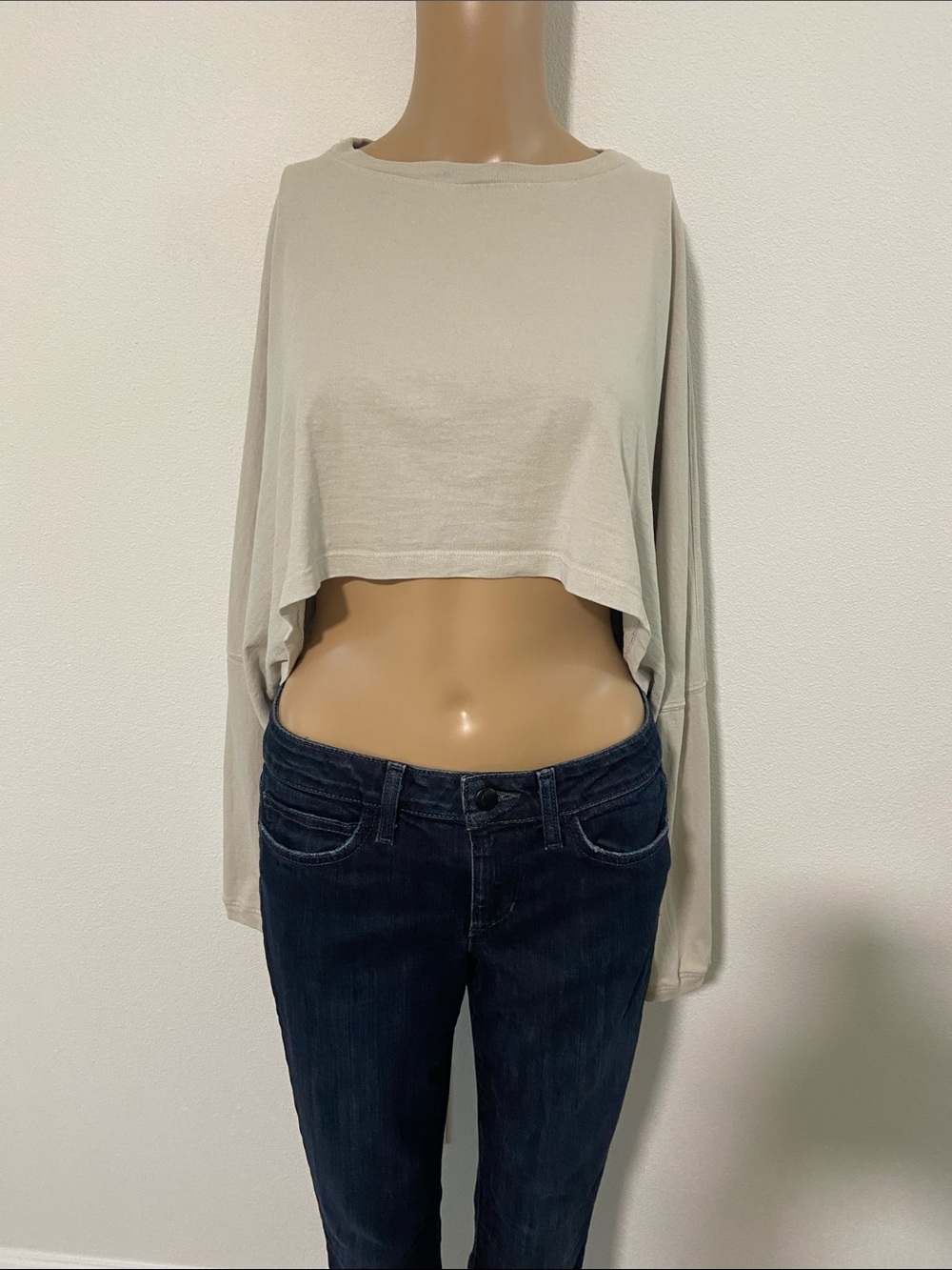 Joah Brown Cropped Long-Sleeve Top in Light Beige Sz S/M